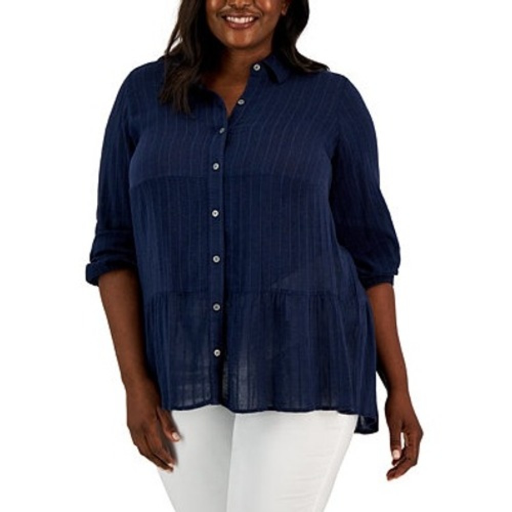 Style & Co Tunic Womens Plus 1X Industrial Blue Long-Sleeve Tiered Shirt Office